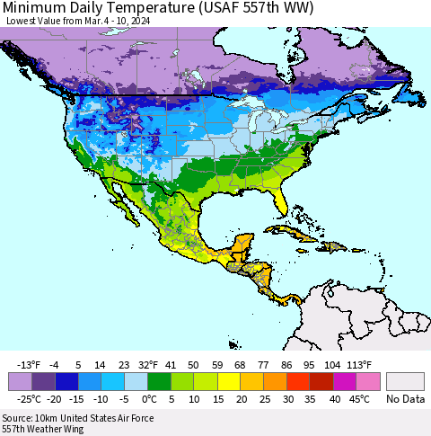 North America Minimum Daily Temperature (USAF 557th WW) Thematic Map For 3/4/2024 - 3/10/2024