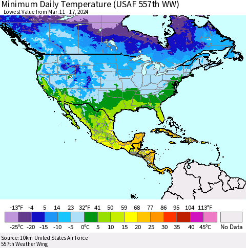 North America Minimum Daily Temperature (USAF 557th WW) Thematic Map For 3/11/2024 - 3/17/2024