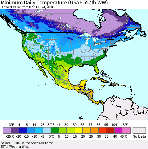 North America Minimum Daily Temperature (USAF 557th WW) Thematic Map For 3/18/2024 - 3/24/2024