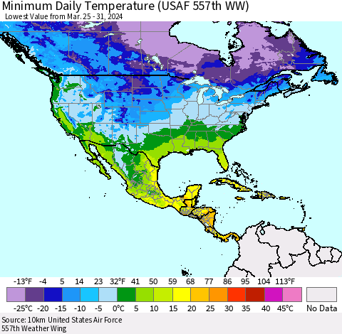 North America Minimum Daily Temperature (USAF 557th WW) Thematic Map For 3/25/2024 - 3/31/2024