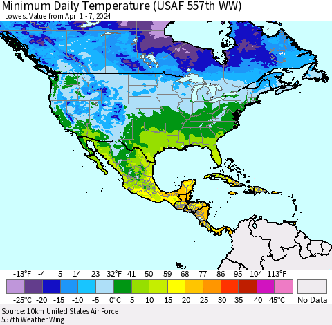 North America Minimum Daily Temperature (USAF 557th WW) Thematic Map For 4/1/2024 - 4/7/2024