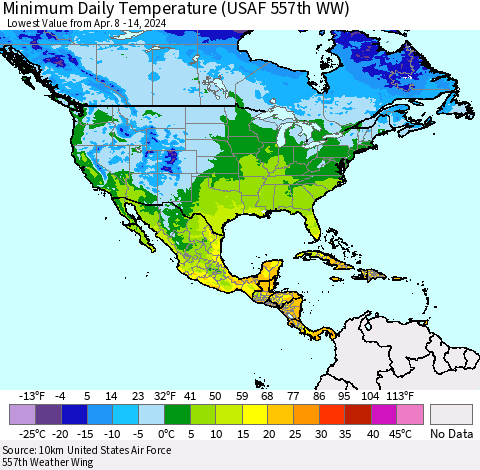 North America Minimum Daily Temperature (USAF 557th WW) Thematic Map For 4/8/2024 - 4/14/2024