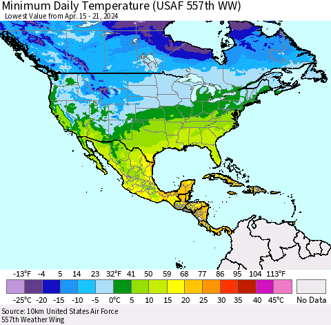 North America Minimum Daily Temperature (USAF 557th WW) Thematic Map For 4/15/2024 - 4/21/2024