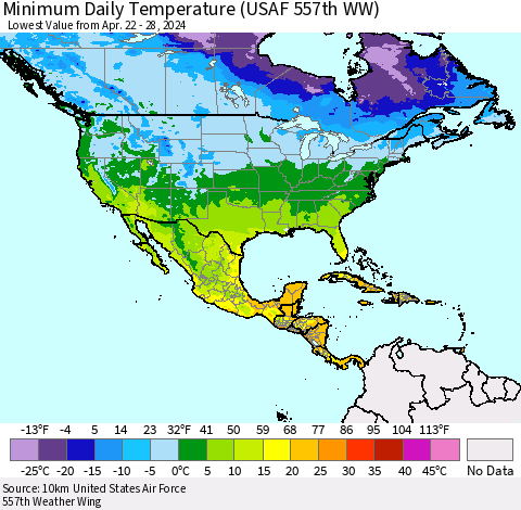 North America Minimum Daily Temperature (USAF 557th WW) Thematic Map For 4/22/2024 - 4/28/2024
