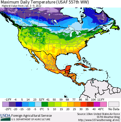 North America Maximum Daily Temperature (USAF 557th WW) Thematic Map For 1/3/2022 - 1/9/2022