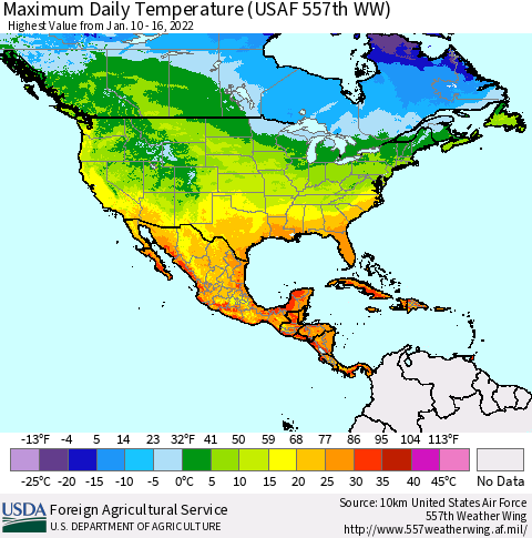 North America Maximum Daily Temperature (USAF 557th WW) Thematic Map For 1/10/2022 - 1/16/2022