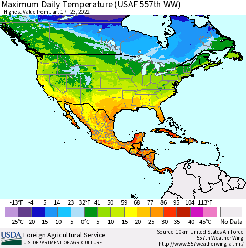 North America Maximum Daily Temperature (USAF 557th WW) Thematic Map For 1/17/2022 - 1/23/2022