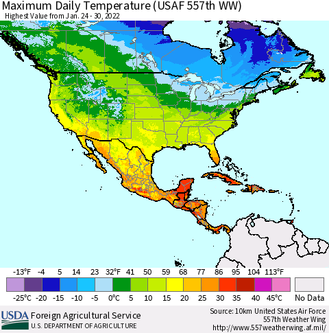 North America Maximum Daily Temperature (USAF 557th WW) Thematic Map For 1/24/2022 - 1/30/2022