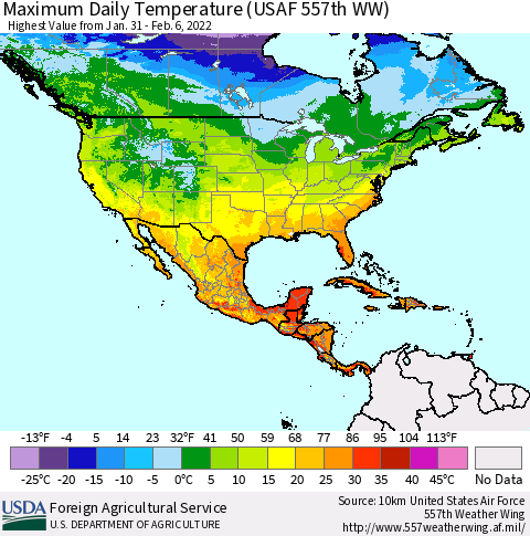North America Maximum Daily Temperature (USAF 557th WW) Thematic Map For 1/31/2022 - 2/6/2022