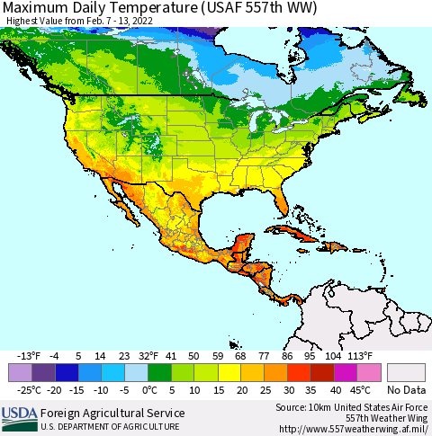 North America Maximum Daily Temperature (USAF 557th WW) Thematic Map For 2/7/2022 - 2/13/2022