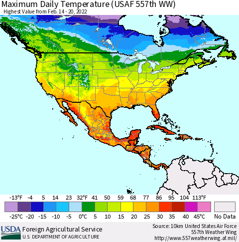 North America Maximum Daily Temperature (USAF 557th WW) Thematic Map For 2/14/2022 - 2/20/2022