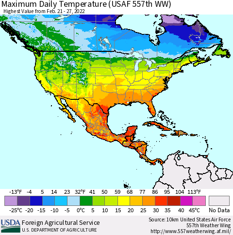 North America Maximum Daily Temperature (USAF 557th WW) Thematic Map For 2/21/2022 - 2/27/2022
