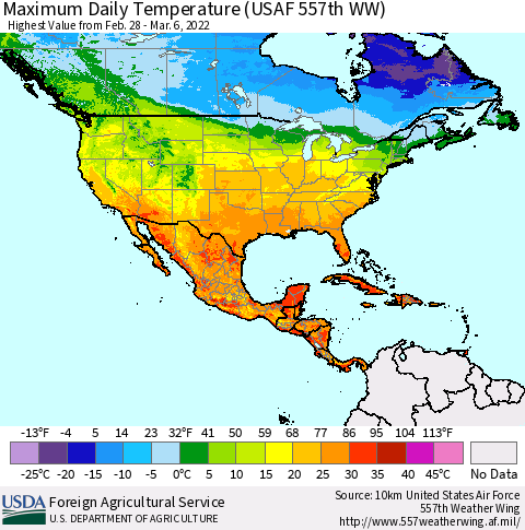 North America Maximum Daily Temperature (USAF 557th WW) Thematic Map For 2/28/2022 - 3/6/2022