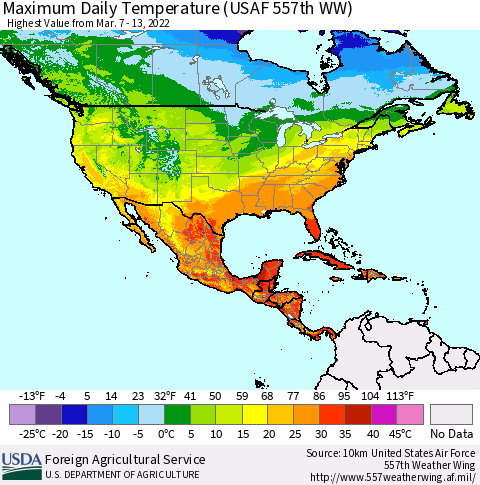 North America Maximum Daily Temperature (USAF 557th WW) Thematic Map For 3/7/2022 - 3/13/2022