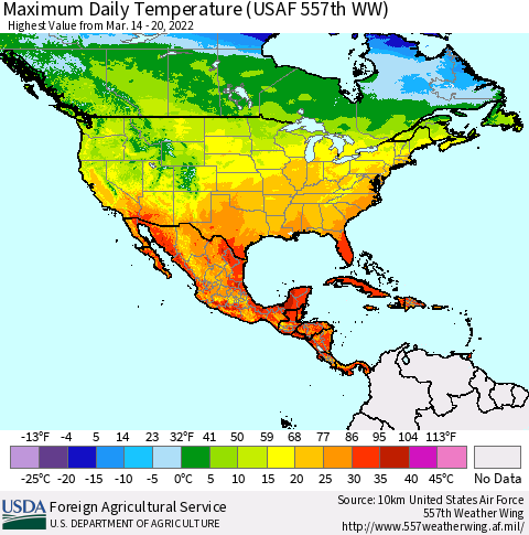 North America Maximum Daily Temperature (USAF 557th WW) Thematic Map For 3/14/2022 - 3/20/2022