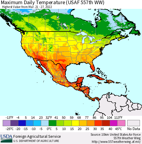North America Maximum Daily Temperature (USAF 557th WW) Thematic Map For 3/21/2022 - 3/27/2022