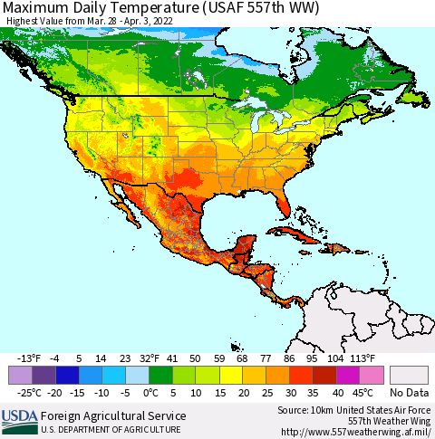 North America Maximum Daily Temperature (USAF 557th WW) Thematic Map For 3/28/2022 - 4/3/2022