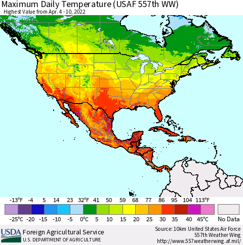 North America Maximum Daily Temperature (USAF 557th WW) Thematic Map For 4/4/2022 - 4/10/2022