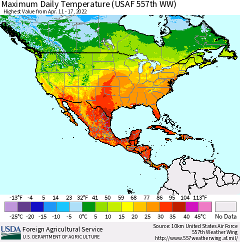 North America Maximum Daily Temperature (USAF 557th WW) Thematic Map For 4/11/2022 - 4/17/2022