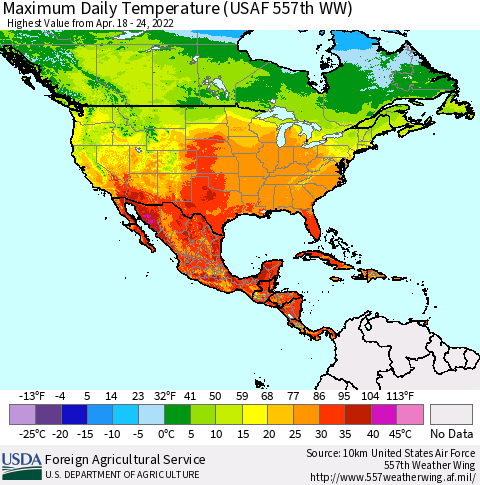 North America Maximum Daily Temperature (USAF 557th WW) Thematic Map For 4/18/2022 - 4/24/2022