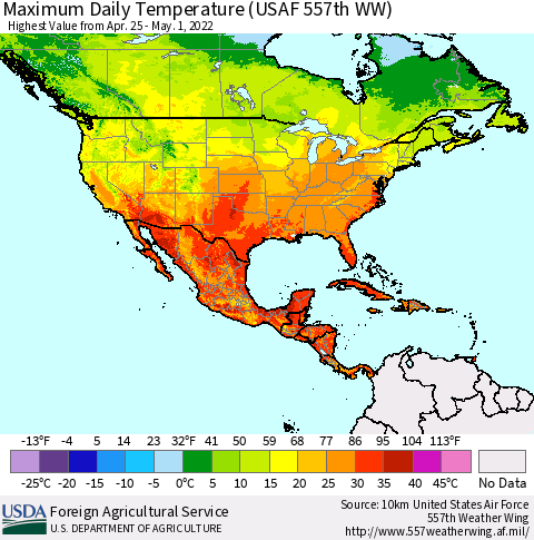 North America Maximum Daily Temperature (USAF 557th WW) Thematic Map For 4/25/2022 - 5/1/2022
