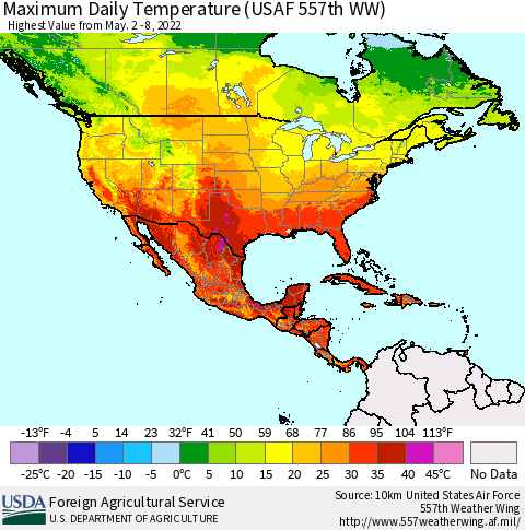 North America Maximum Daily Temperature (USAF 557th WW) Thematic Map For 5/2/2022 - 5/8/2022
