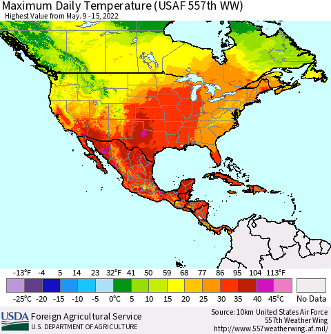 North America Maximum Daily Temperature (USAF 557th WW) Thematic Map For 5/9/2022 - 5/15/2022