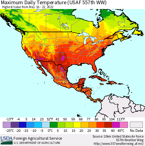 North America Maximum Daily Temperature (USAF 557th WW) Thematic Map For 5/16/2022 - 5/22/2022