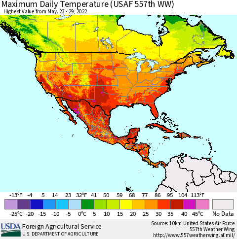 North America Maximum Daily Temperature (USAF 557th WW) Thematic Map For 5/23/2022 - 5/29/2022