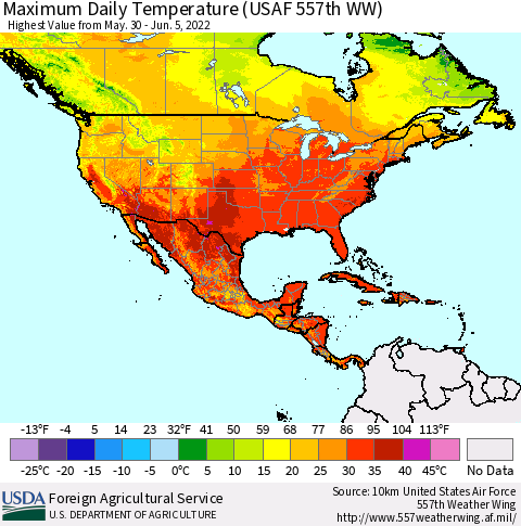 North America Maximum Daily Temperature (USAF 557th WW) Thematic Map For 5/30/2022 - 6/5/2022