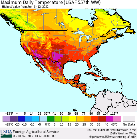 North America Maximum Daily Temperature (USAF 557th WW) Thematic Map For 6/6/2022 - 6/12/2022