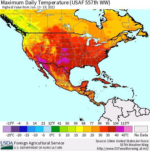 North America Maximum Daily Temperature (USAF 557th WW) Thematic Map For 6/13/2022 - 6/19/2022