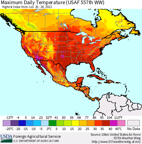 North America Maximum Daily Temperature (USAF 557th WW) Thematic Map For 6/20/2022 - 6/26/2022