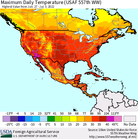 North America Maximum Daily Temperature (USAF 557th WW) Thematic Map For 6/27/2022 - 7/3/2022