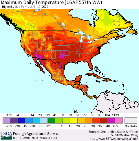 North America Maximum Daily Temperature (USAF 557th WW) Thematic Map For 7/4/2022 - 7/10/2022