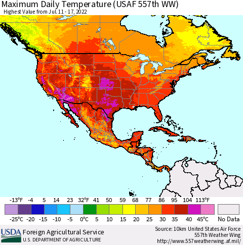 North America Maximum Daily Temperature (USAF 557th WW) Thematic Map For 7/11/2022 - 7/17/2022