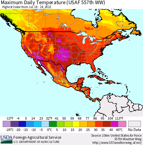 North America Maximum Daily Temperature (USAF 557th WW) Thematic Map For 7/18/2022 - 7/24/2022