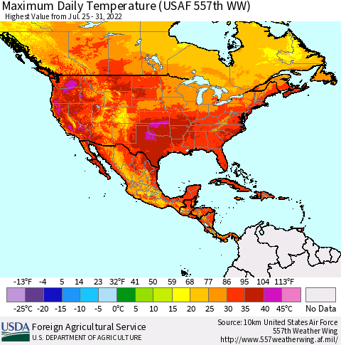 North America Maximum Daily Temperature (USAF 557th WW) Thematic Map For 7/25/2022 - 7/31/2022