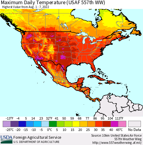 North America Maximum Daily Temperature (USAF 557th WW) Thematic Map For 8/1/2022 - 8/7/2022