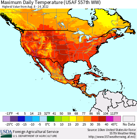 North America Maximum Daily Temperature (USAF 557th WW) Thematic Map For 8/8/2022 - 8/14/2022