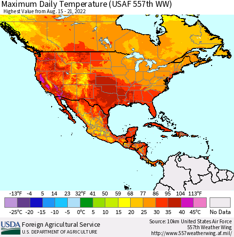 North America Maximum Daily Temperature (USAF 557th WW) Thematic Map For 8/15/2022 - 8/21/2022