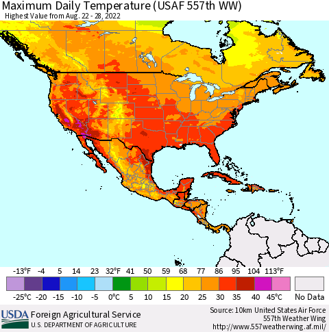 North America Maximum Daily Temperature (USAF 557th WW) Thematic Map For 8/22/2022 - 8/28/2022