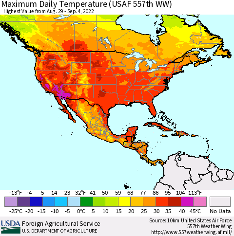 North America Maximum Daily Temperature (USAF 557th WW) Thematic Map For 8/29/2022 - 9/4/2022