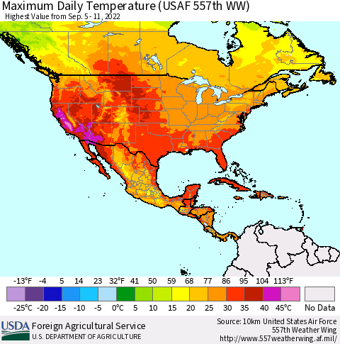 North America Maximum Daily Temperature (USAF 557th WW) Thematic Map For 9/5/2022 - 9/11/2022