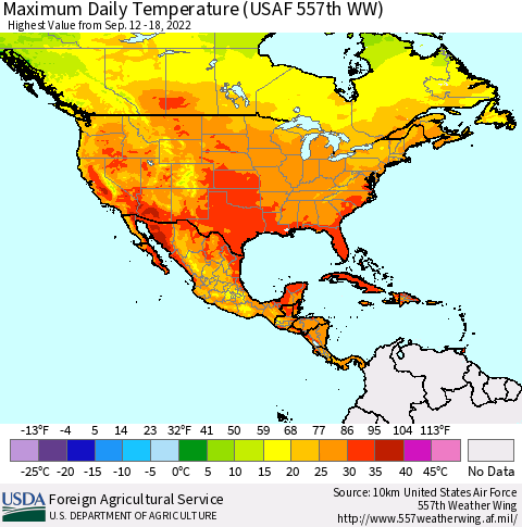 North America Maximum Daily Temperature (USAF 557th WW) Thematic Map For 9/12/2022 - 9/18/2022