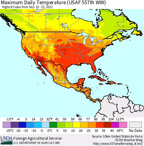 North America Maximum Daily Temperature (USAF 557th WW) Thematic Map For 9/19/2022 - 9/25/2022