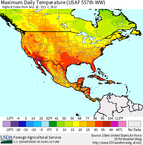 North America Maximum Daily Temperature (USAF 557th WW) Thematic Map For 9/26/2022 - 10/2/2022
