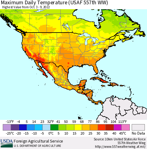 North America Maximum Daily Temperature (USAF 557th WW) Thematic Map For 10/3/2022 - 10/9/2022