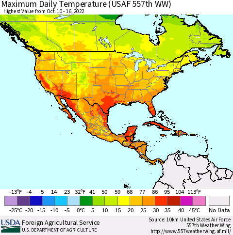 North America Maximum Daily Temperature (USAF 557th WW) Thematic Map For 10/10/2022 - 10/16/2022