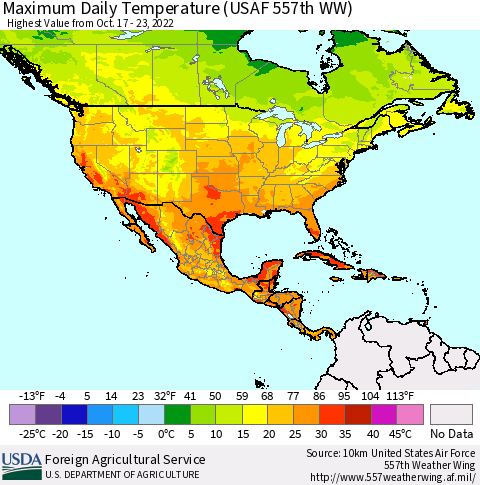 North America Maximum Daily Temperature (USAF 557th WW) Thematic Map For 10/17/2022 - 10/23/2022